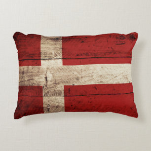 Denmark Flag on Old Wood Grain Decorative Pillow