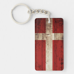 Denmark Flag on Old Wood Grain Keychain