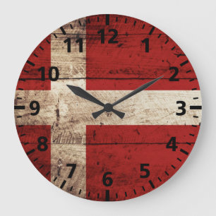 Denmark Flag on Old Wood Grain Large Clock