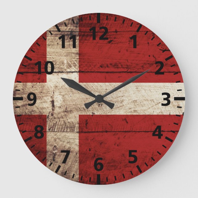 Denmark Flag on Old Wood Grain Large Clock (Front)