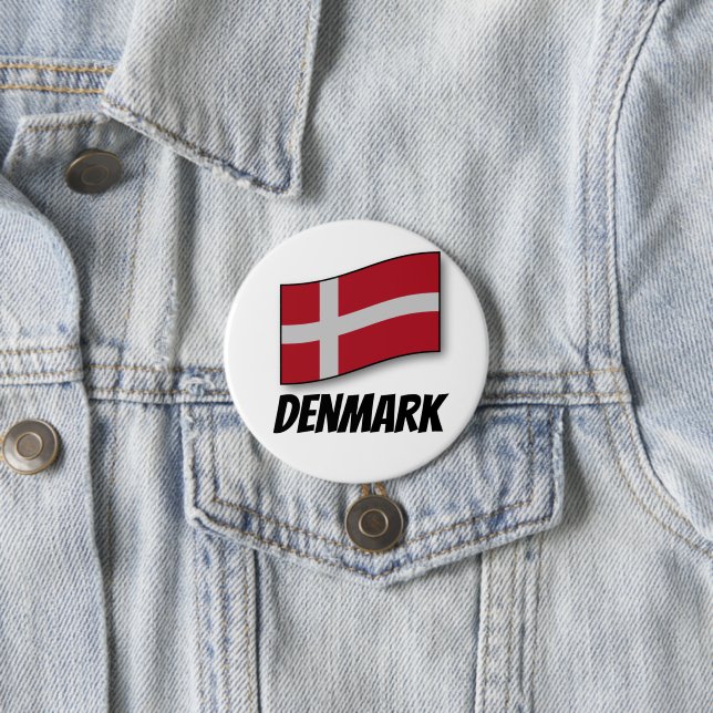 Denmark, labelled flag, 3 inch round button (In Situ)