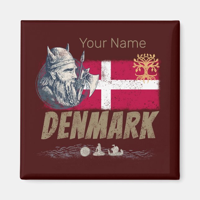 Denmark vintage flag viking and ship souvenir magnet (Front)