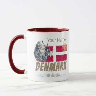 Denmark vintage flag viking and ship souvenir mug