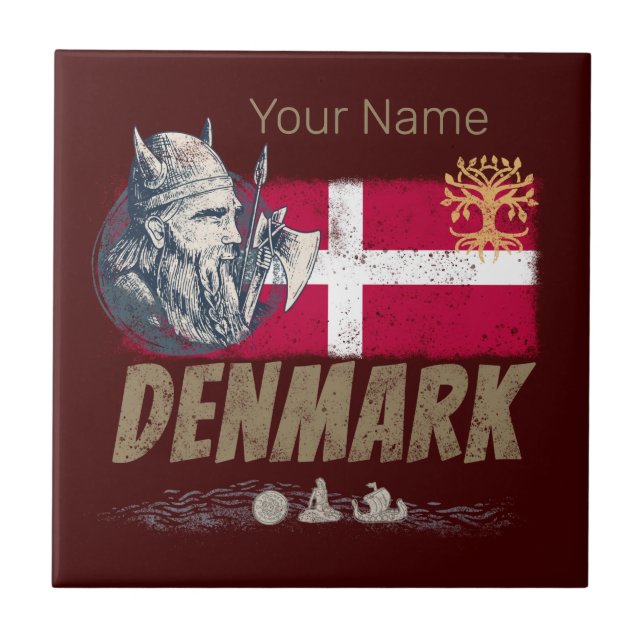 Denmark vintage flag viking and ship souvenir tile (Front)