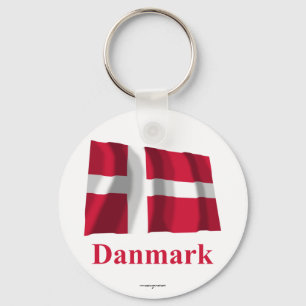 Denmark Waving Flag with Name in Danish Keychain