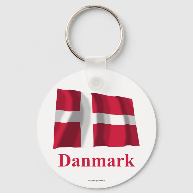 Denmark Waving Flag with Name in Danish Keychain (Front)