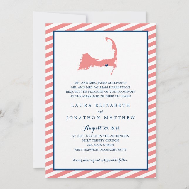 Dennisport Cape Cod Map and Stripes | Wedding Invitation (Front)