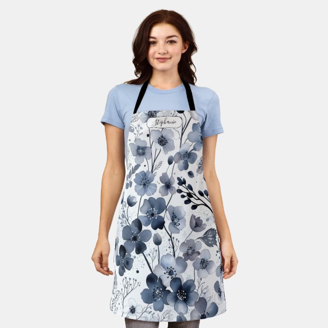 Dense Blue Watercolor Floral Pattern Personal Apron (Worn)