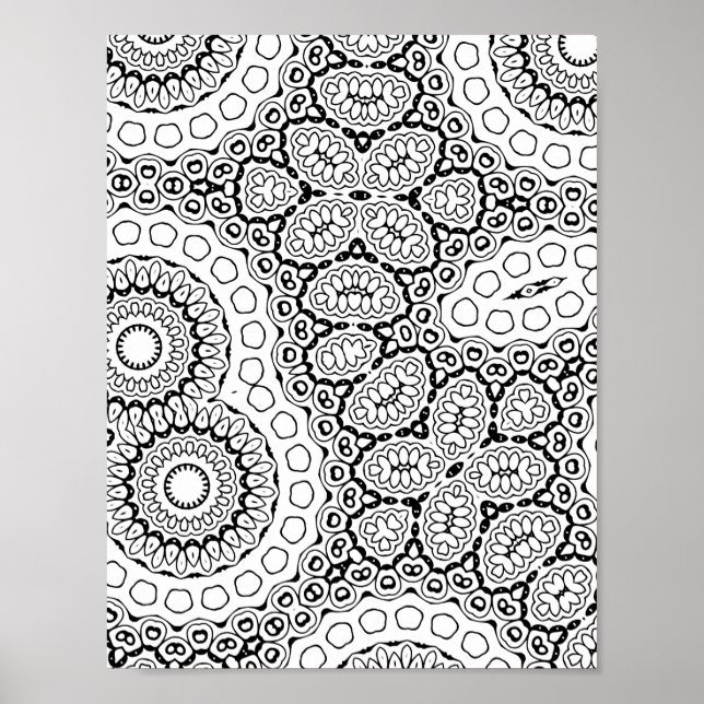 Dense Floral Mandala Tile Pattern Colouring Page Poster (Front)