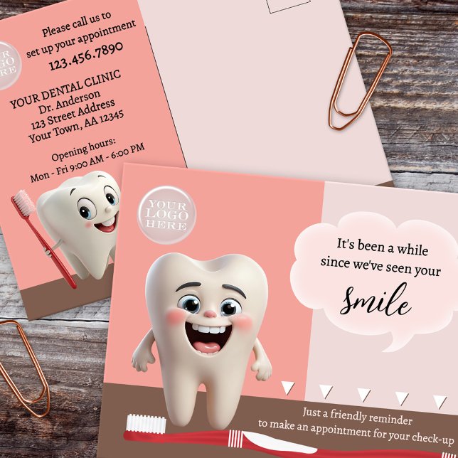 Dental Appointment Reminder  Postcard (Dental appointment reminder postcard featuring cute molars with a smile and toothbrush)