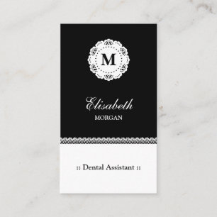 Dental Assistant Black White Lace Monogram Business Card