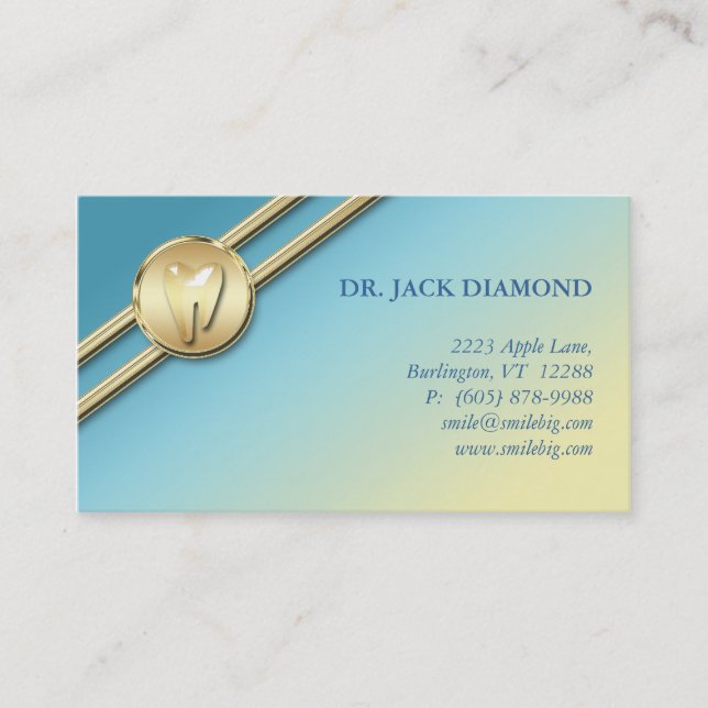 Dental Business Card Tooth Logo Gold Stripes Blue (Front)