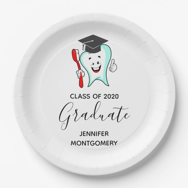 Dental Care Happy Tooth Graduation Cap Paper Plate (Front)