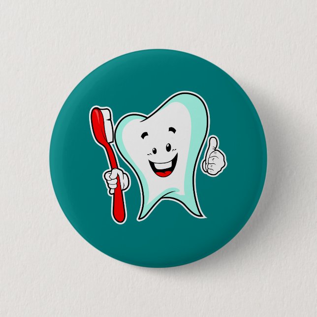 Dental Care Happy Tooth with Toothbrush 2 Inch Round Button (Front)