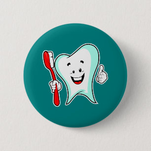Dental Care Happy Tooth with Toothbrush 2 Inch Round Button
