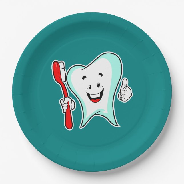 Dental Care Happy Tooth with Toothbrush Paper Plate (Front)
