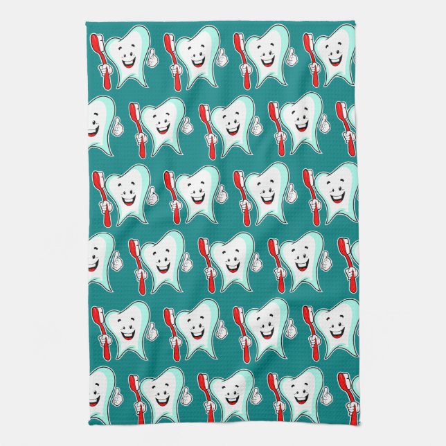 Dental Care Happy Tooth with Toothbrush Pattern Kitchen Towel (Vertical)