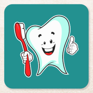 Dental Care Happy Tooth with Toothbrush Square Paper Coaster