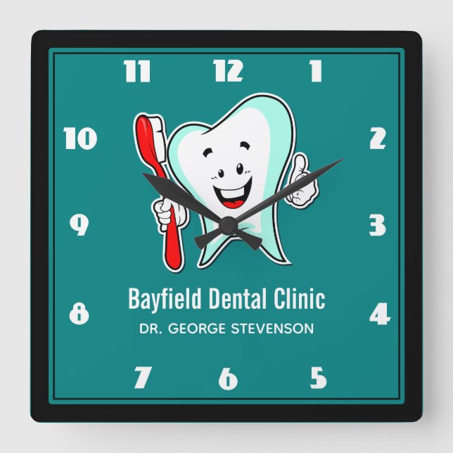 Dental Care Happy Tooth with Toothbrush Square Wall Clock (Front)