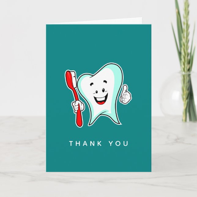 Dental Care Happy Tooth with Toothbrush Thank You Card (Front)