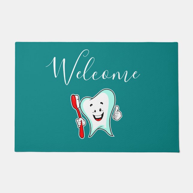 Dental Care Happy Tooth with Toothbrush Welcome Doormat (Front)