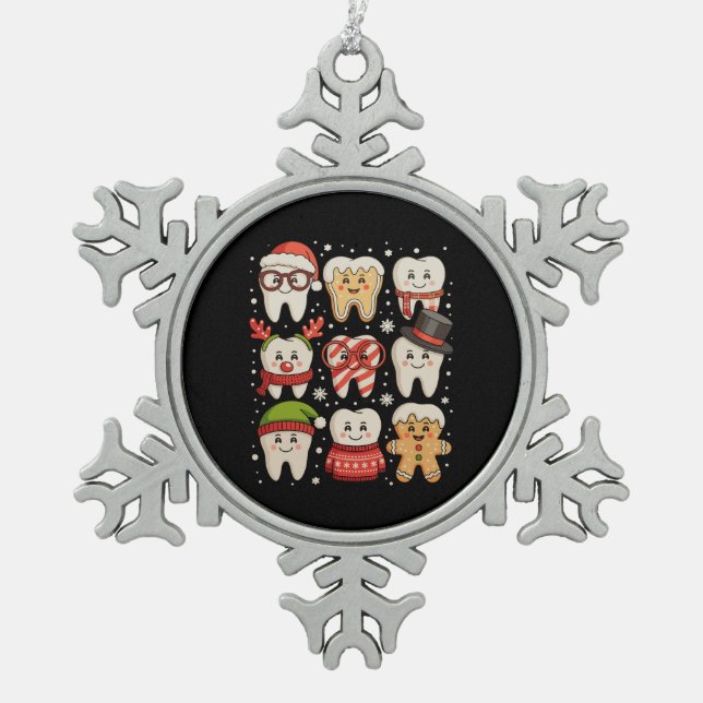 Dental Christmas Cute Teeth Dentist Santa Hat Xmas Snowflake Pewter Christmas Ornament (Front)
