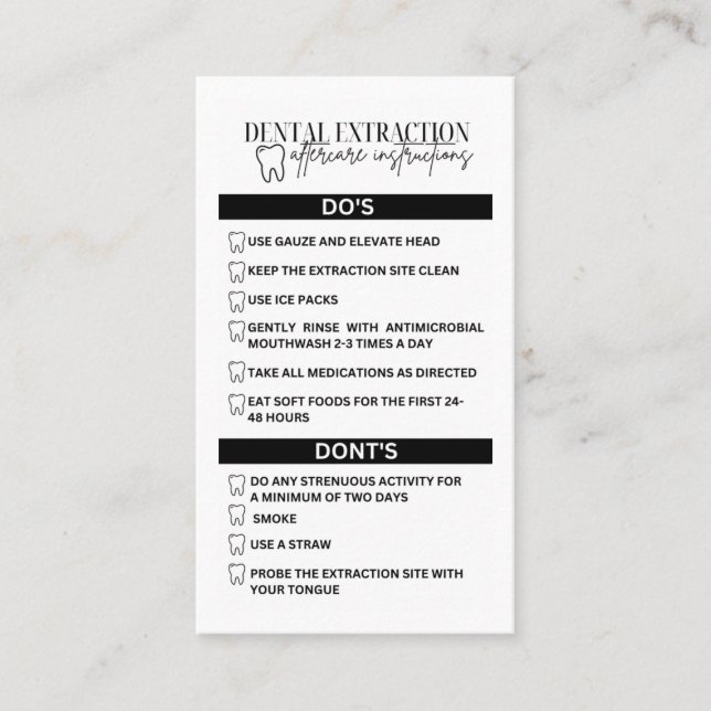 Dental Extraction Aftercare Tooth Instruction Card (Front)