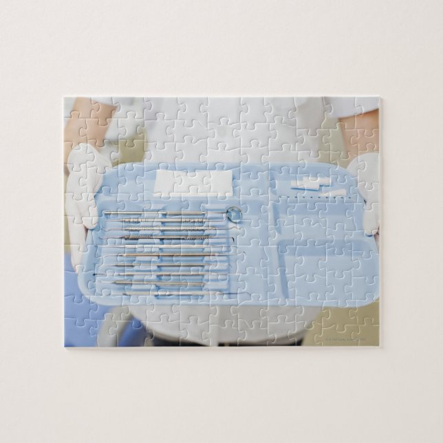 Dental hygienist  holding tray of dental jigsaw puzzle (Horizontal)