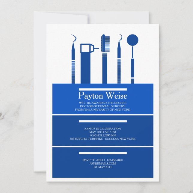 Dental Instruments Graduation Royal Blue Invitation (Front)