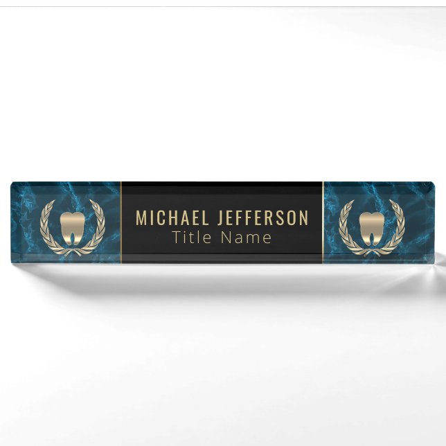Dental Office  - Blue Marble, Black & Gold Nameplate (Front)