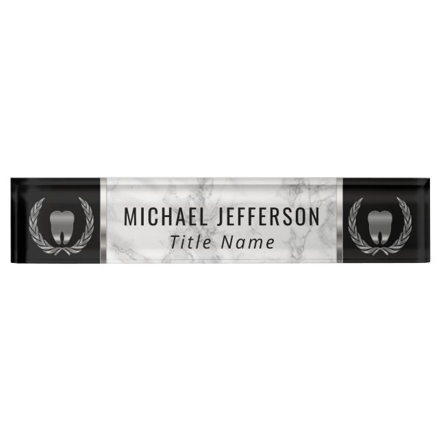 Dental Office  - Grey Marble, Black & Silver Nameplate (Front)