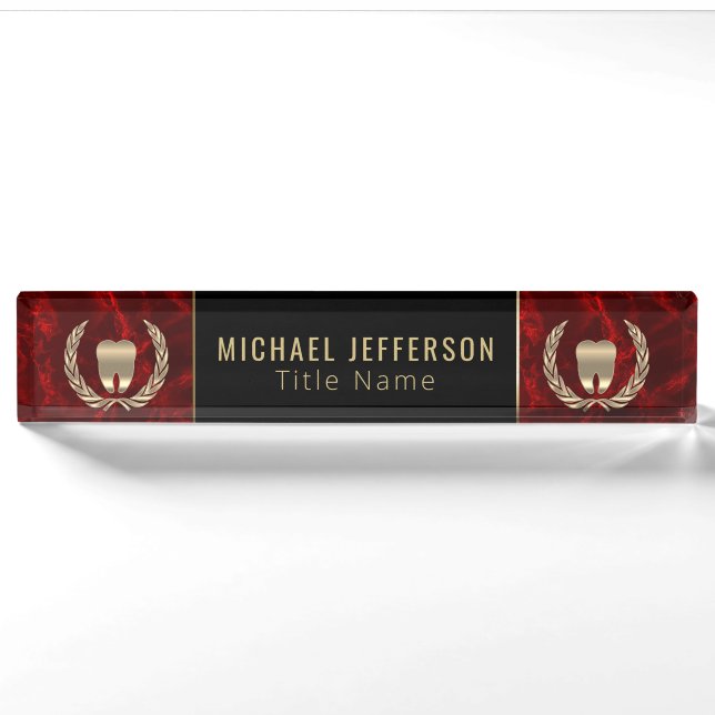 Dental Office  - Red Marble, Black & Gold Nameplate (Front)