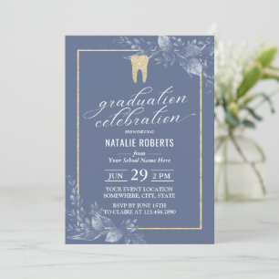 Dental School Graduation Gold Tooth Blue Botanical Invitation