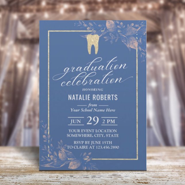 Dental School Graduation Vintage Blue Botanical Invitation (Creator Uploaded)