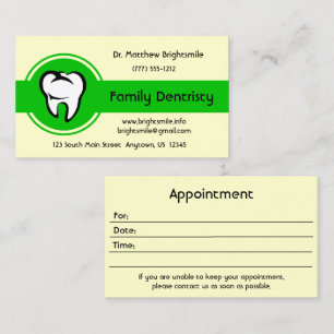 Dental White Tooth Bold Green Centre Stripe Appointment Card
