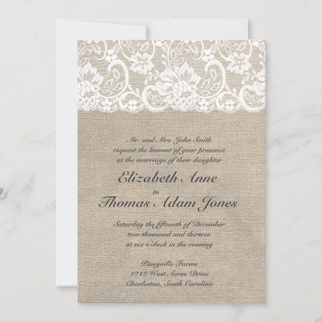 Dentelle blanche et Faire-part de mariage Burlap (Devant)