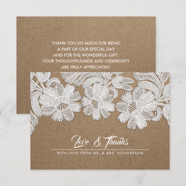 Dentelle blanche | Kraft Papier Mariage Merci Cart (Devant / Derrière)