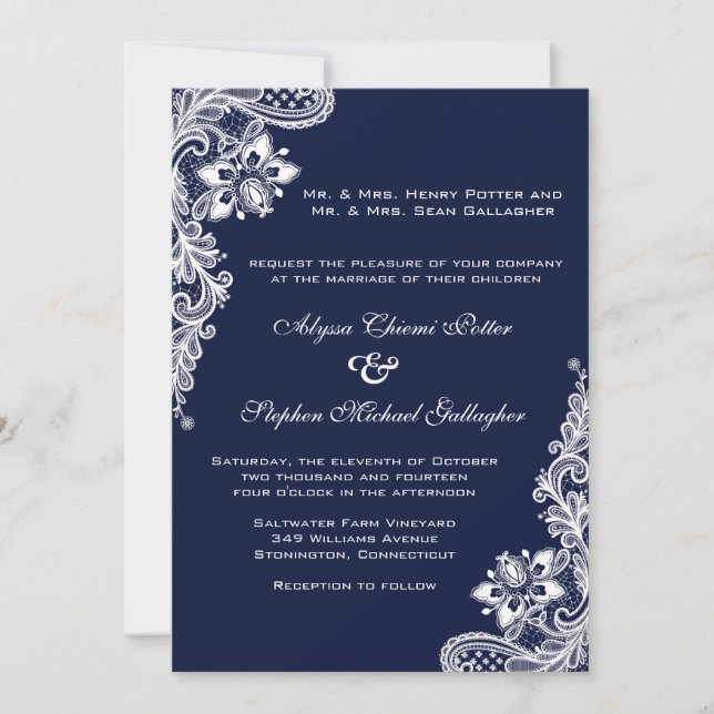 Dentelle blanche sur carte bleue marine (Devant)