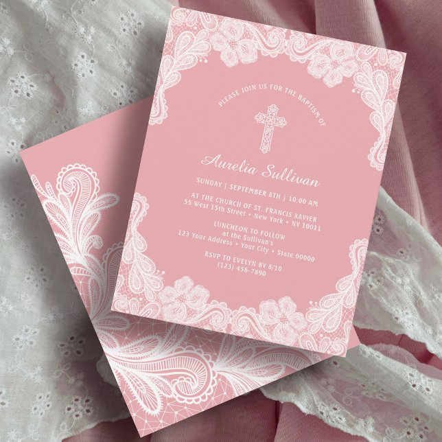 Dentelle blanche sur invitation du baptême rose (Créateur téléchargé)