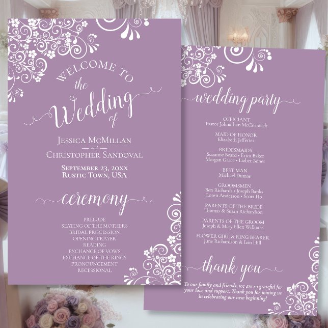 Dentelle blanche sur le programme de mariage budgé (Front/Back)