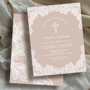 Dentelle blanche sur Pale Brown Baptême Invitation
