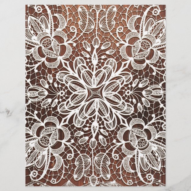 Dentelle blanche sur papier à écusson en bois fonc (Devant)