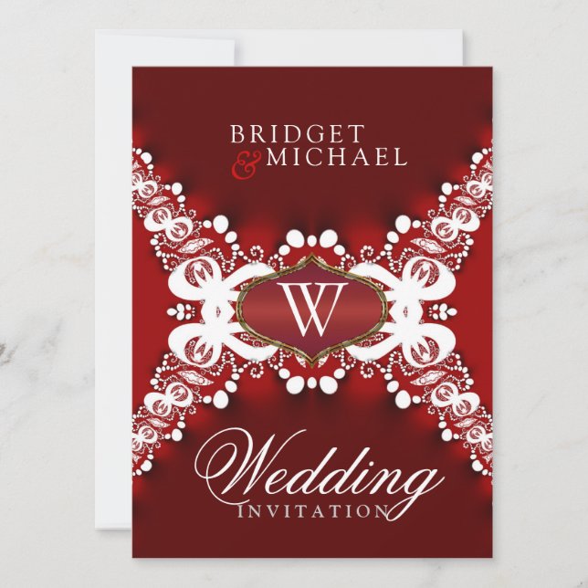Dentelle blanche sur rouge foncé Invitations uniqu (Devant)