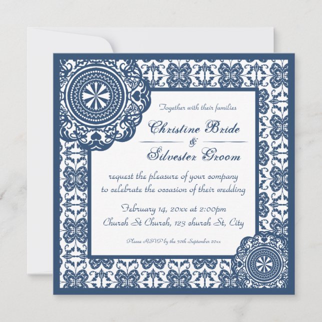 Dentelle bleue arabesque, invitation de mariage 5, (Devant)