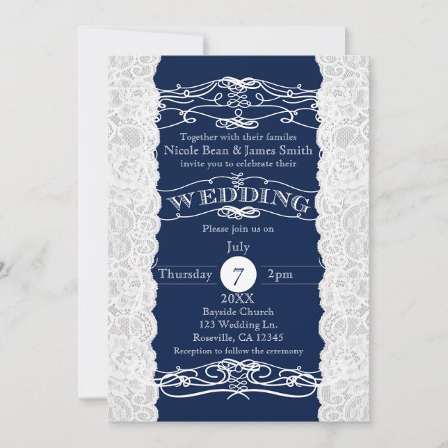 Dentelle Bleue & Blanc Élégante Invitations de mar (Devant)