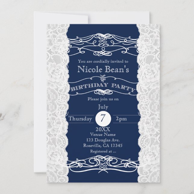 Dentelle Bleue & Blanc Invitations FÊTE D'ANNIVERS (Devant)