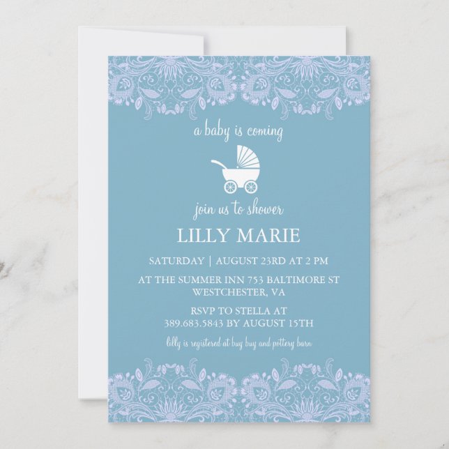 Dentelle bleue | Invitation Baby shower garçon (Devant)