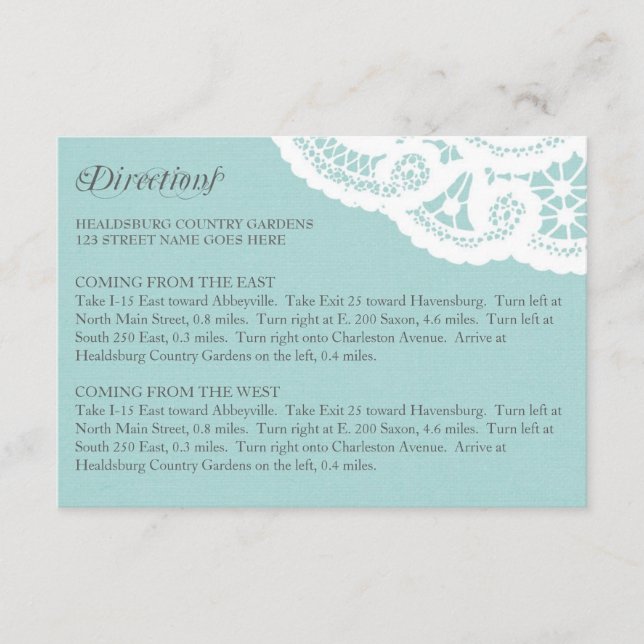 Dentelle Bleue Mariage Directions Cartes de fermet (Devant)