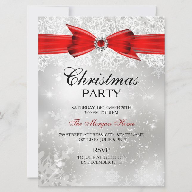 Dentelle & Bow Argent Rouge Noël Invitation de vac (Devant)