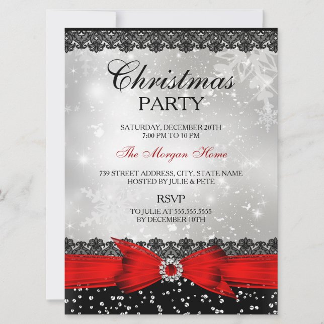 Dentelle & Bow Argent Rouge Noël Invitation de vac (Devant)